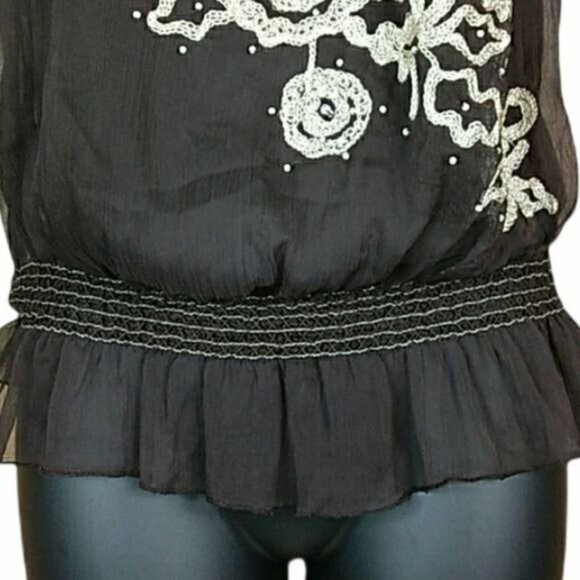 MARINEBLU Sz M Sheer Embroidered Ruffle Peplum Top Round Neck Spring Fall Layer - Picture 4 of 7